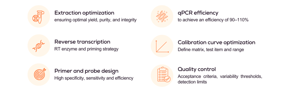 Bullet point list outlining the sequential steps of assay validation, from method development to final reporting.